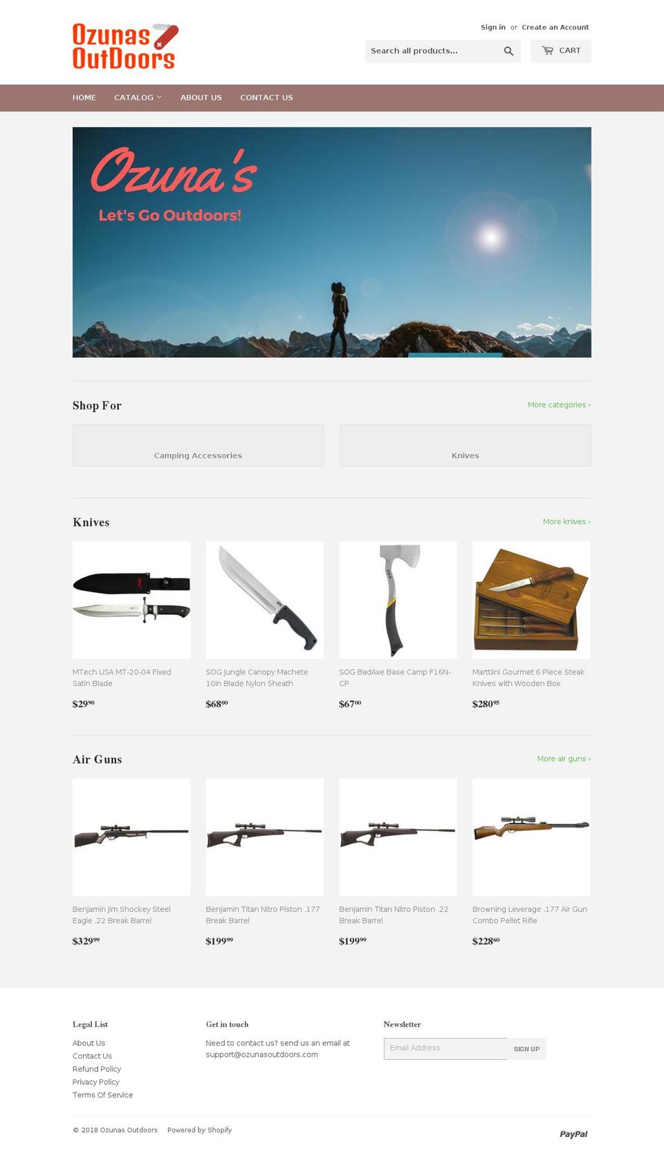 ozunasoutdoors.com — Shopify storefront screenshot