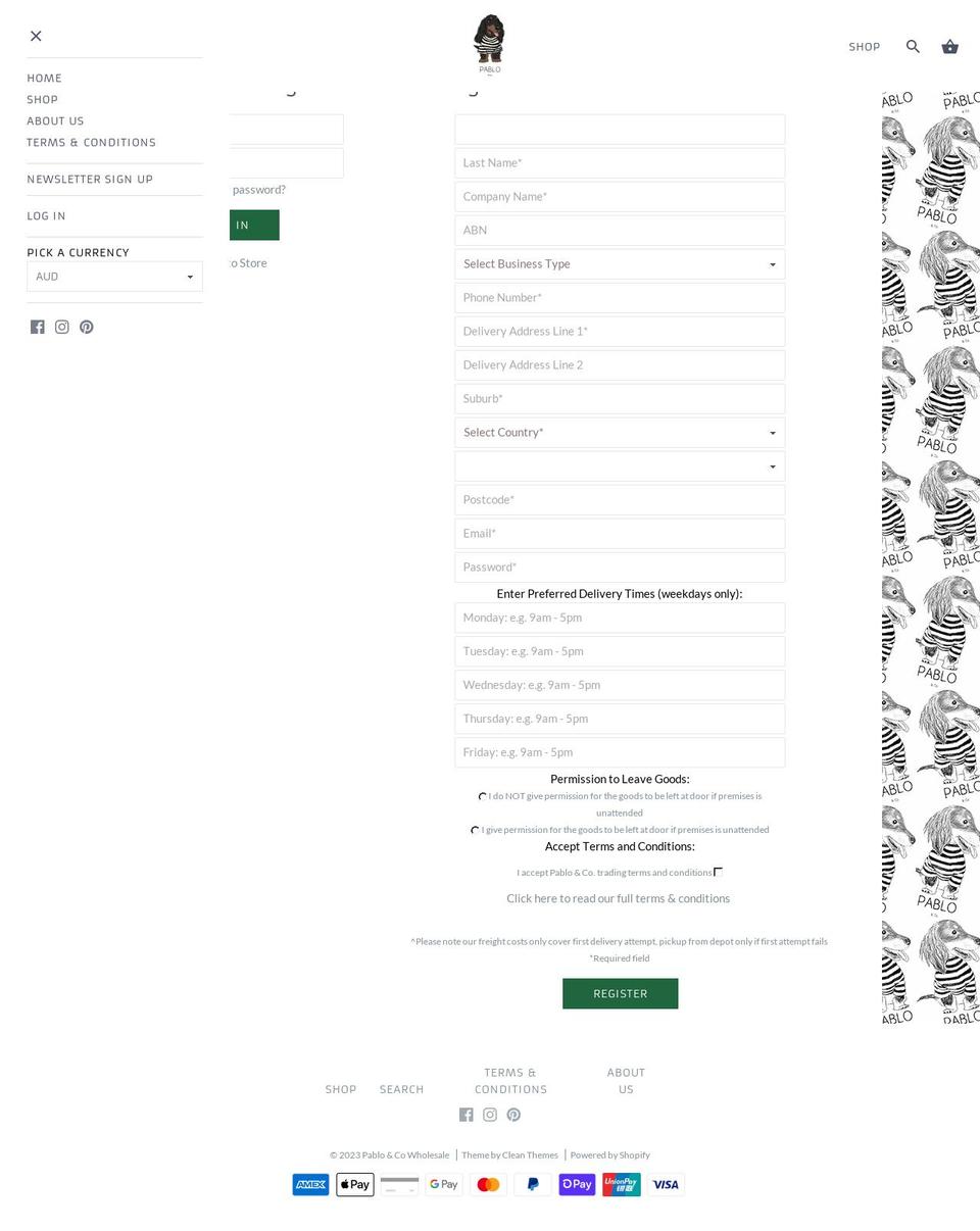 pabloandcowholesale.net shopify website screenshot