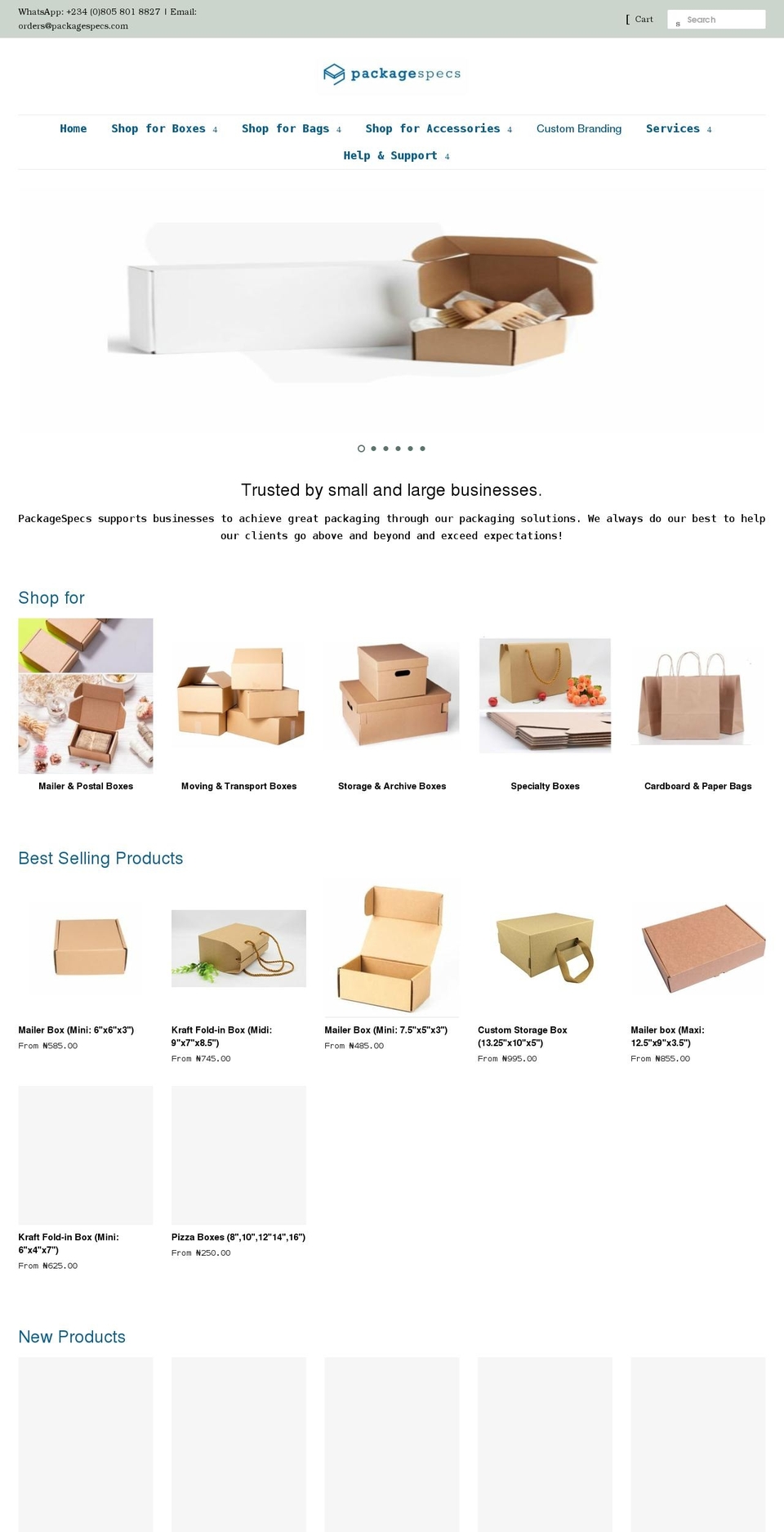 packagespecs.com shopify website screenshot