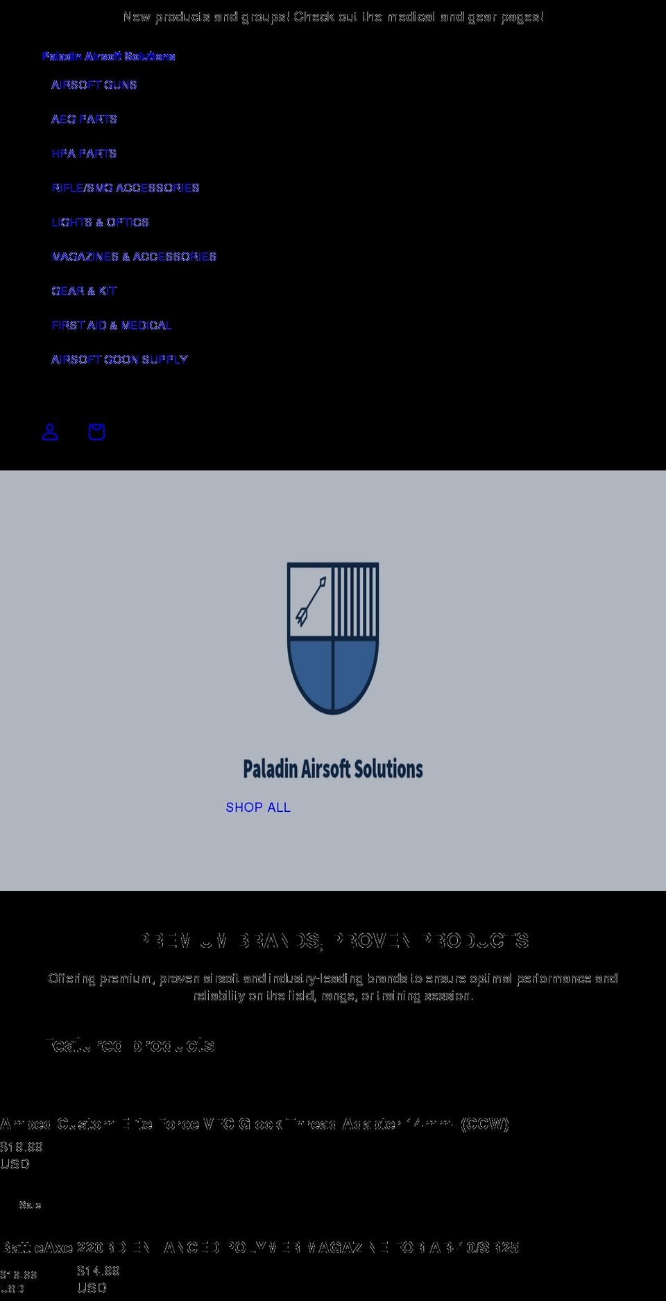 paladinairsoft.com shopify website screenshot