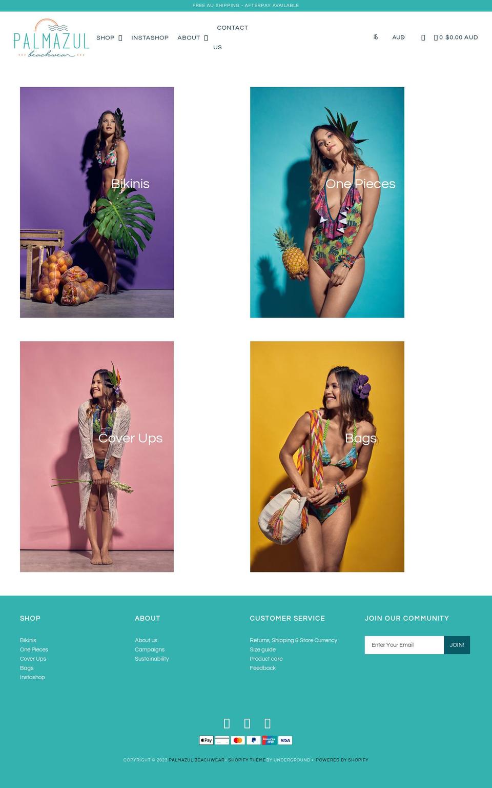 palmazulbeachwear.com — Shopify storefront screenshot