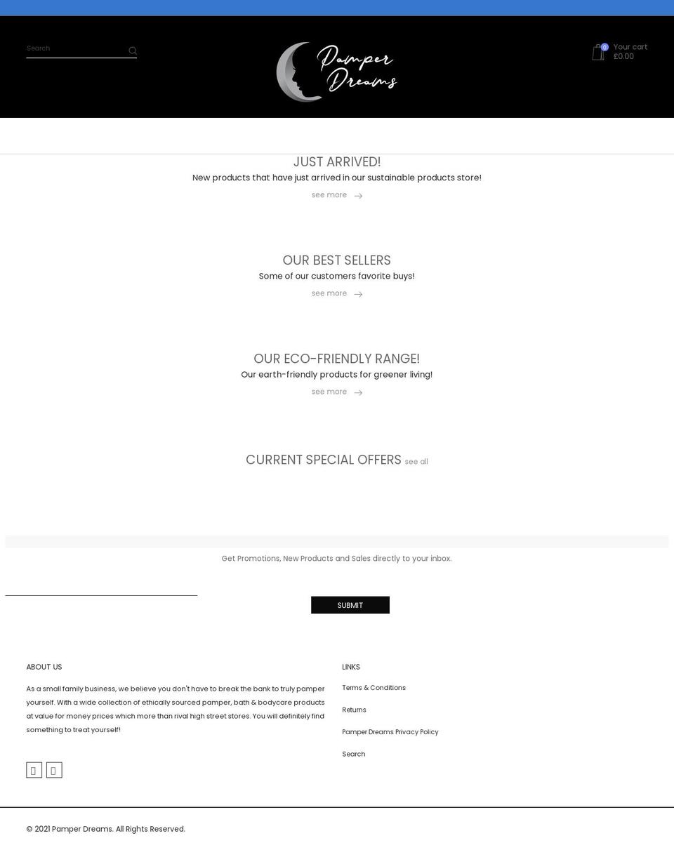pamperdreams.co.uk shopify website screenshot