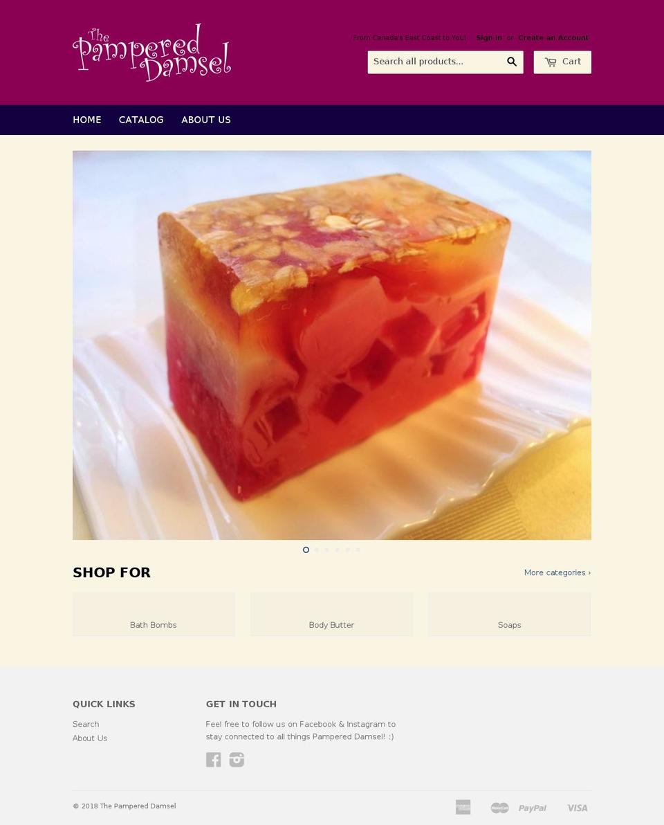 pampereddamsel.com shopify website screenshot