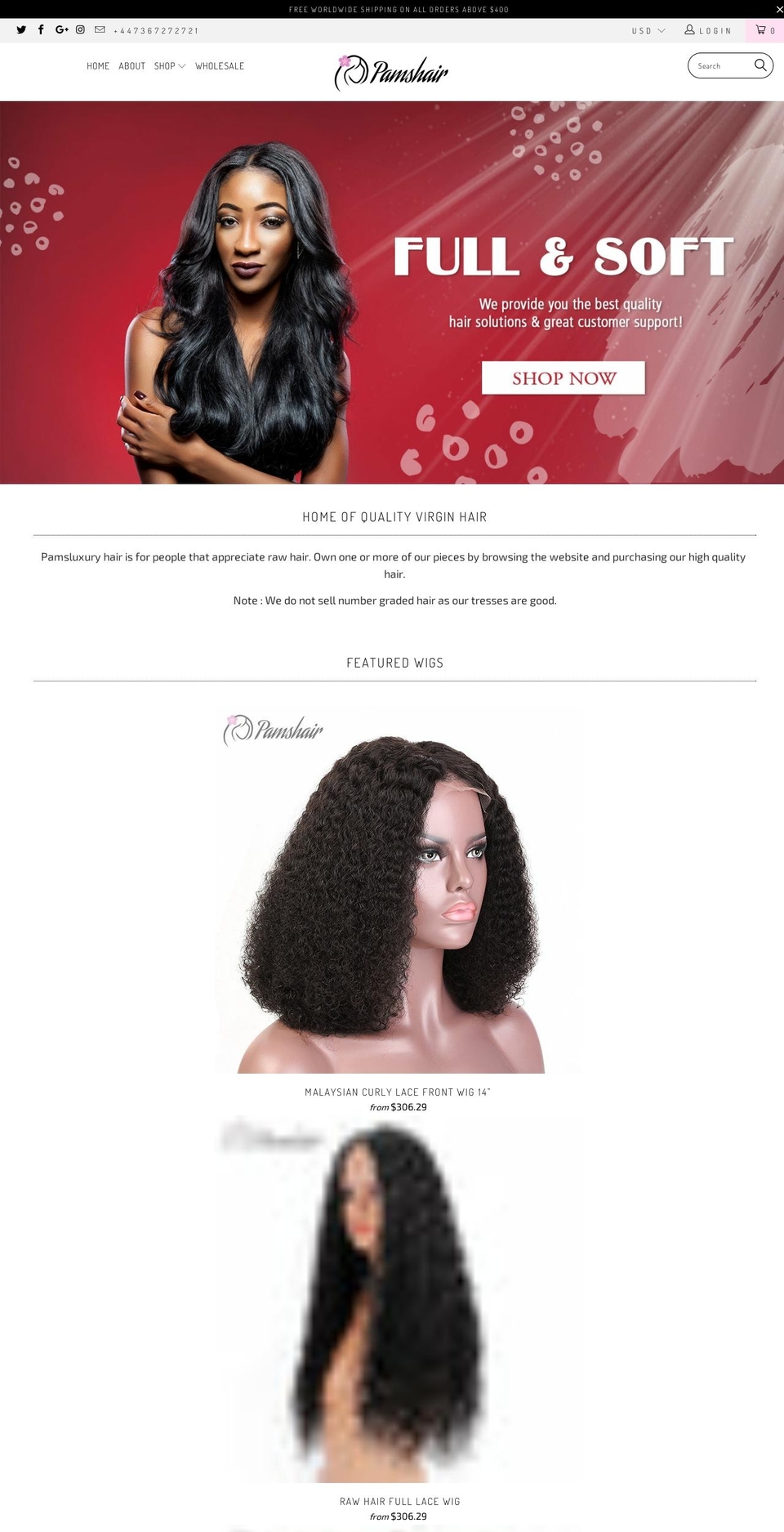 pamsluxuryhair.com — Shopify storefront screenshot