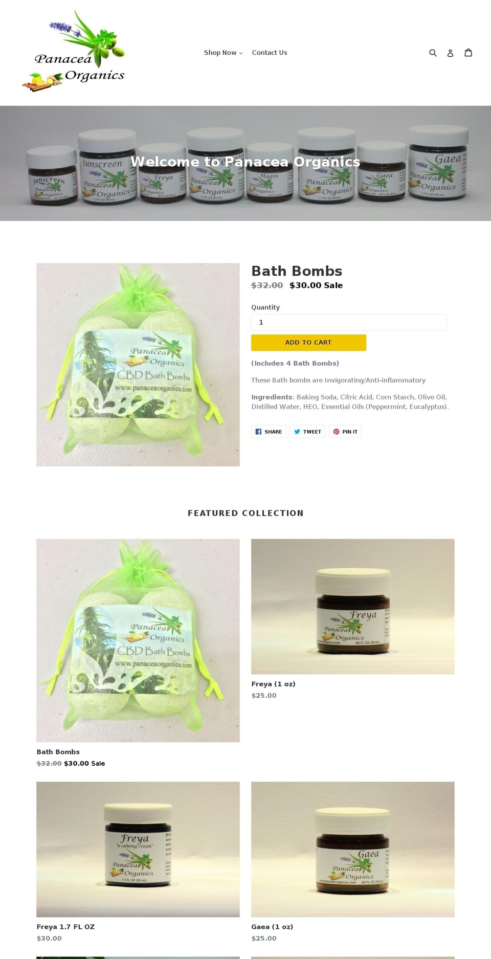 panaceaorganics.com — Shopify storefront screenshot