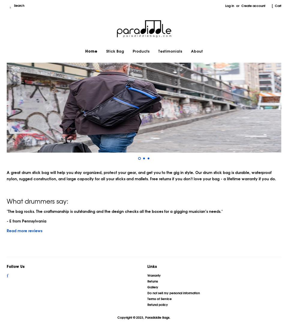 paradiddlebags.com shopify website screenshot