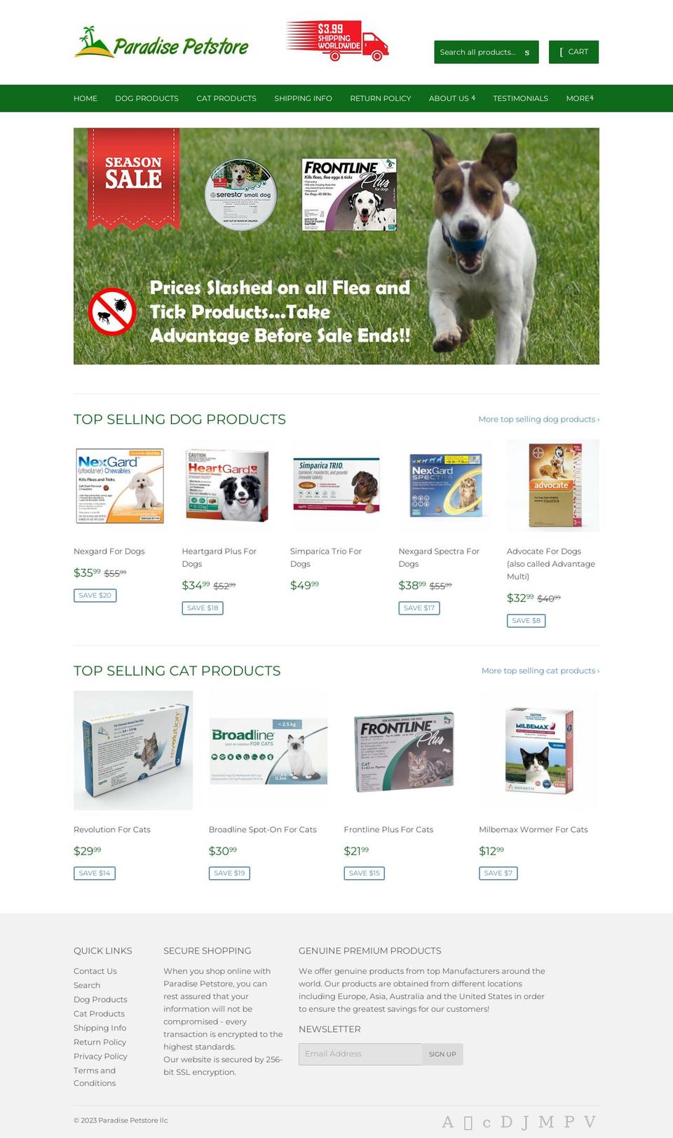 paradise-petstore.com shopify website screenshot