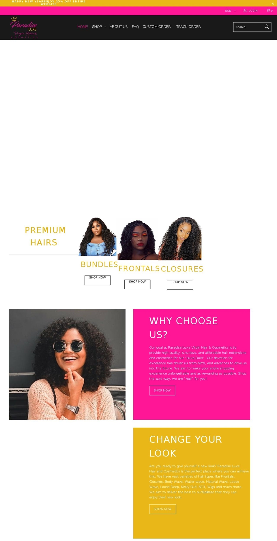 paradiseluxehair.com shopify website screenshot