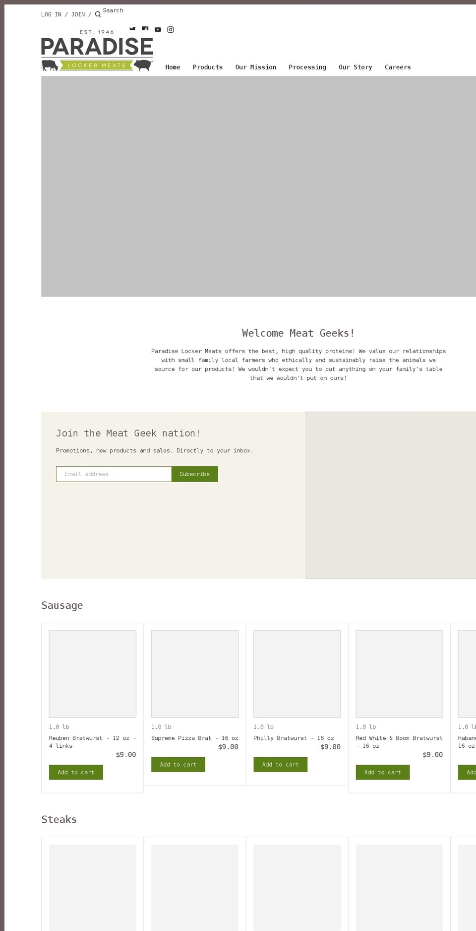 paradisemeats.com shopify website screenshot