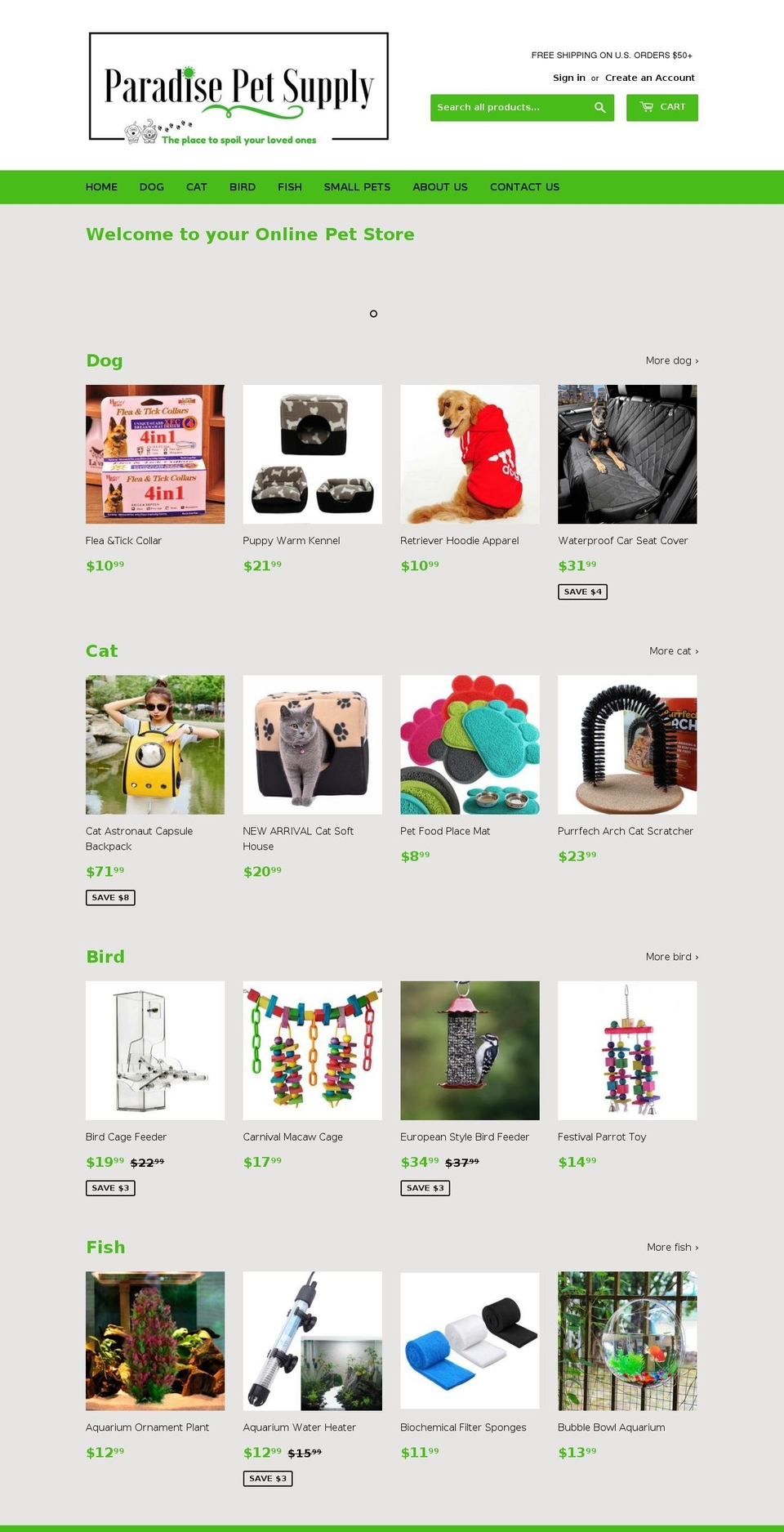 paradisepetsupply.com shopify website screenshot