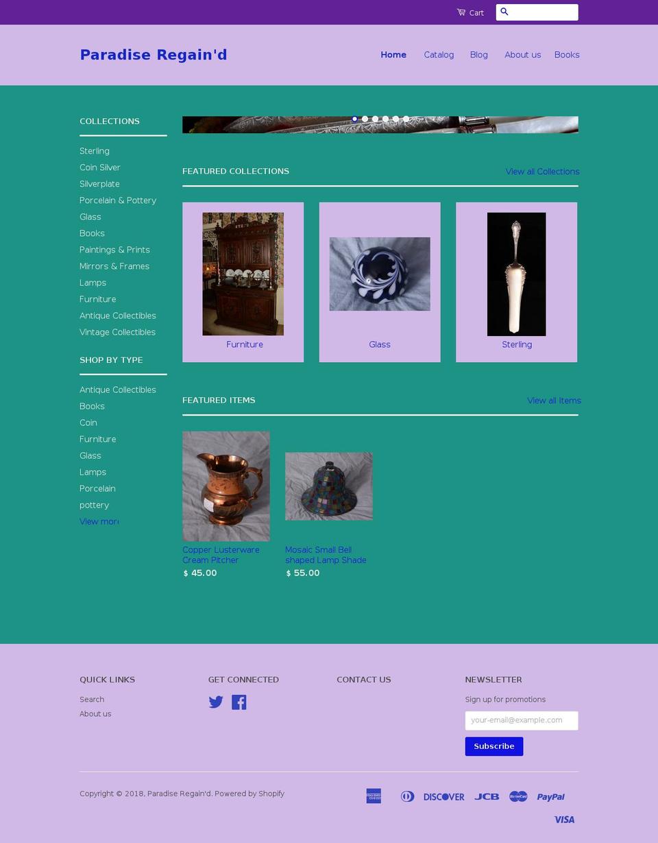 paradiseregainedantiques.com — Shopify storefront screenshot