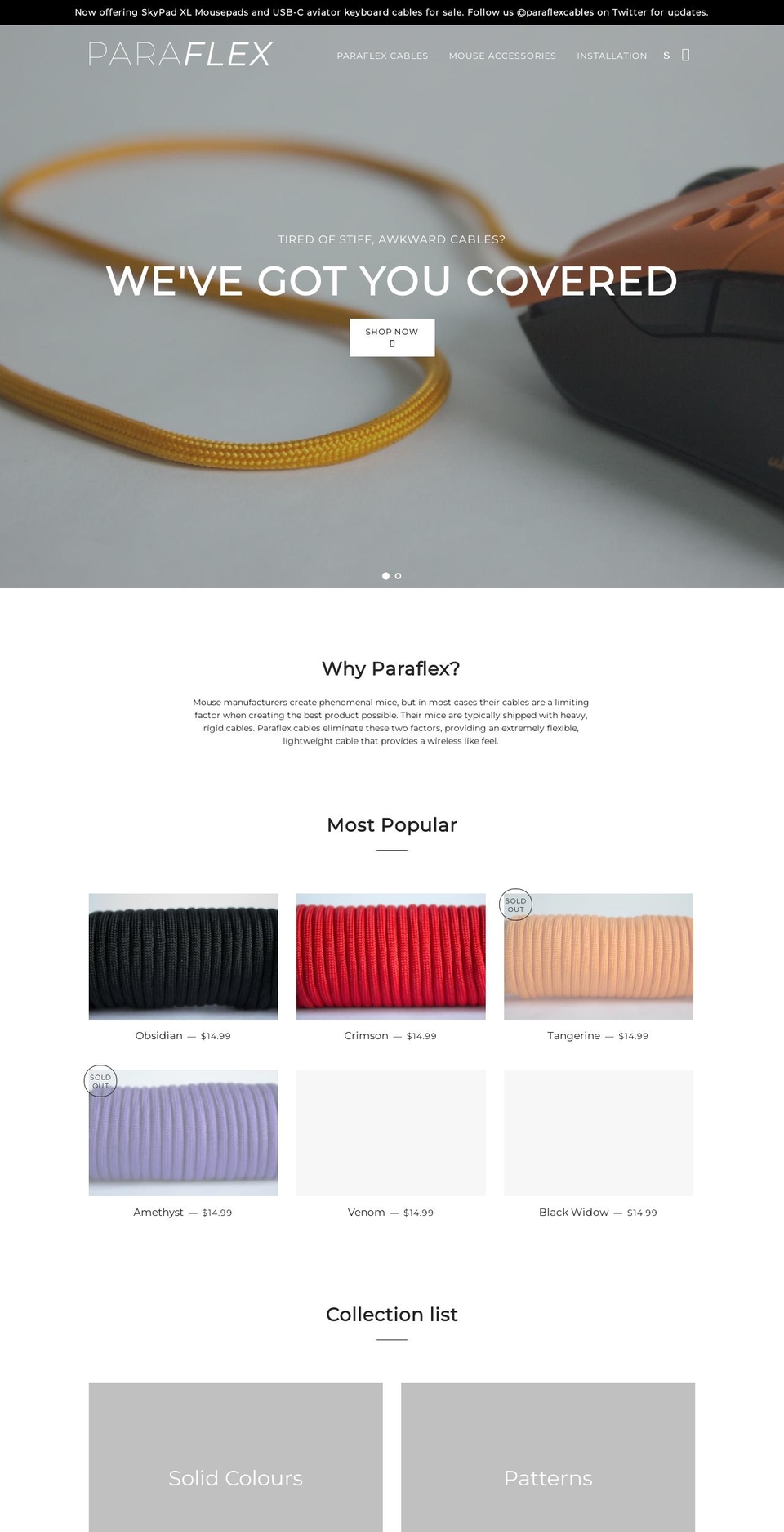paraflexcables.com shopify website screenshot