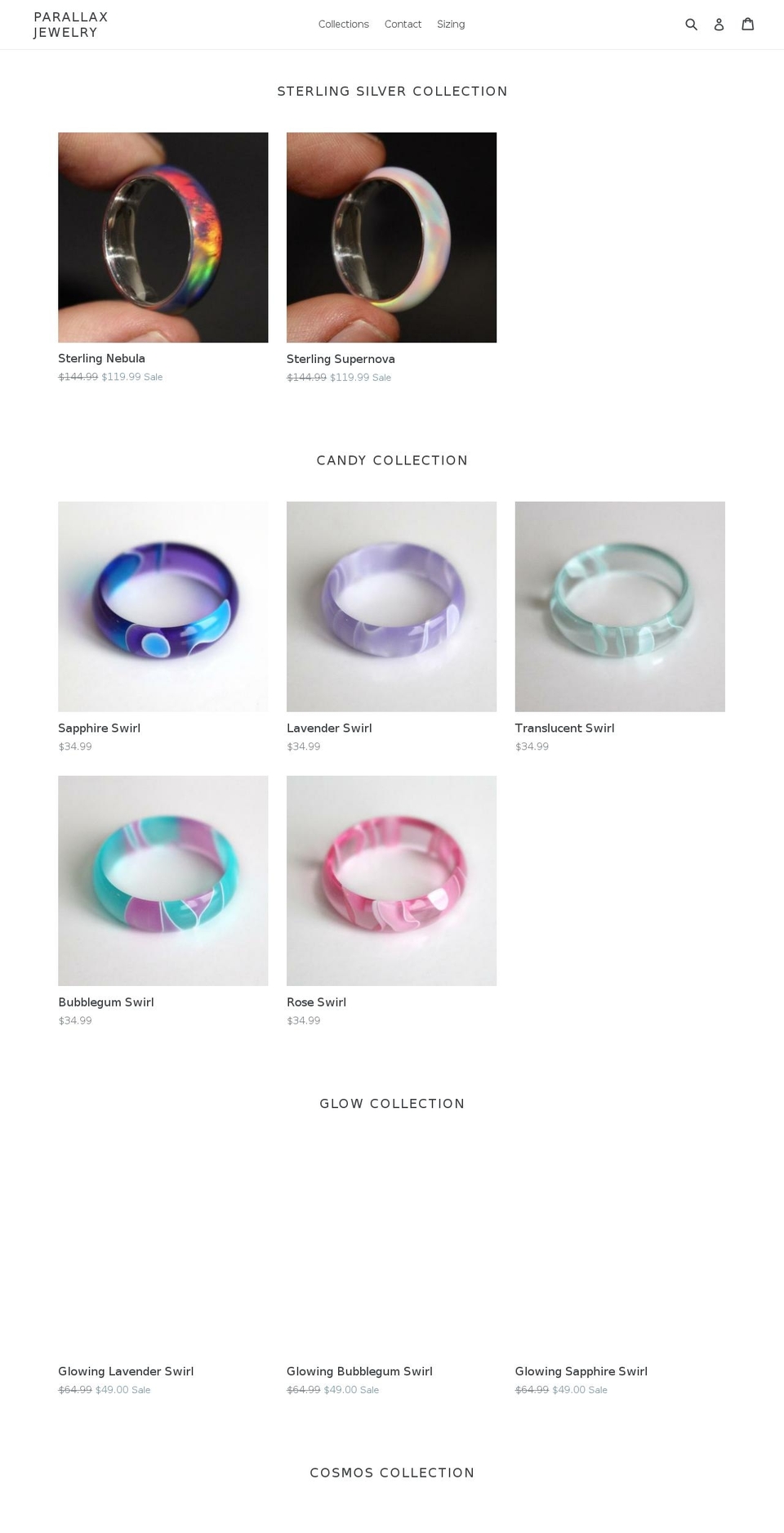 parallaxjewelry.com shopify website screenshot