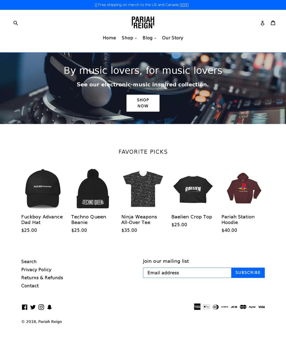 pariahreign.com — Shopify storefront screenshot