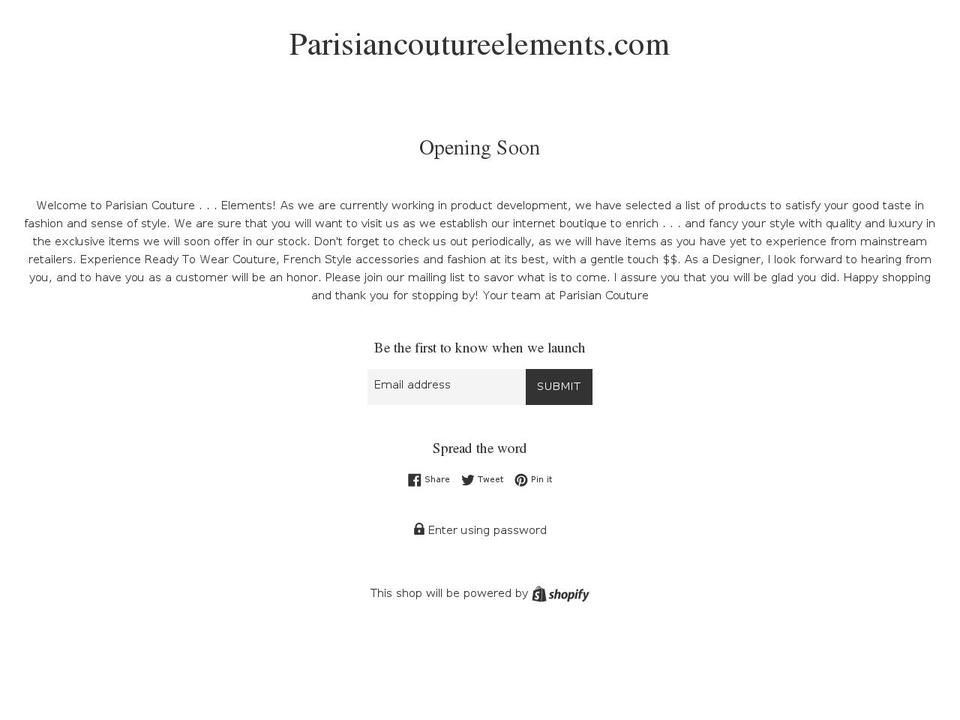 parisiancoutureelements.com — Shopify storefront screenshot