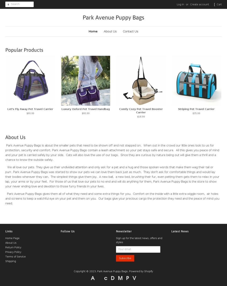 parkavenuepuppybags.com shopify website screenshot