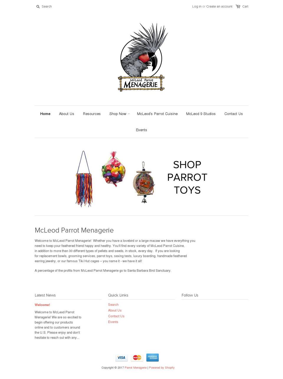 parrotmenagerie.com shopify website screenshot