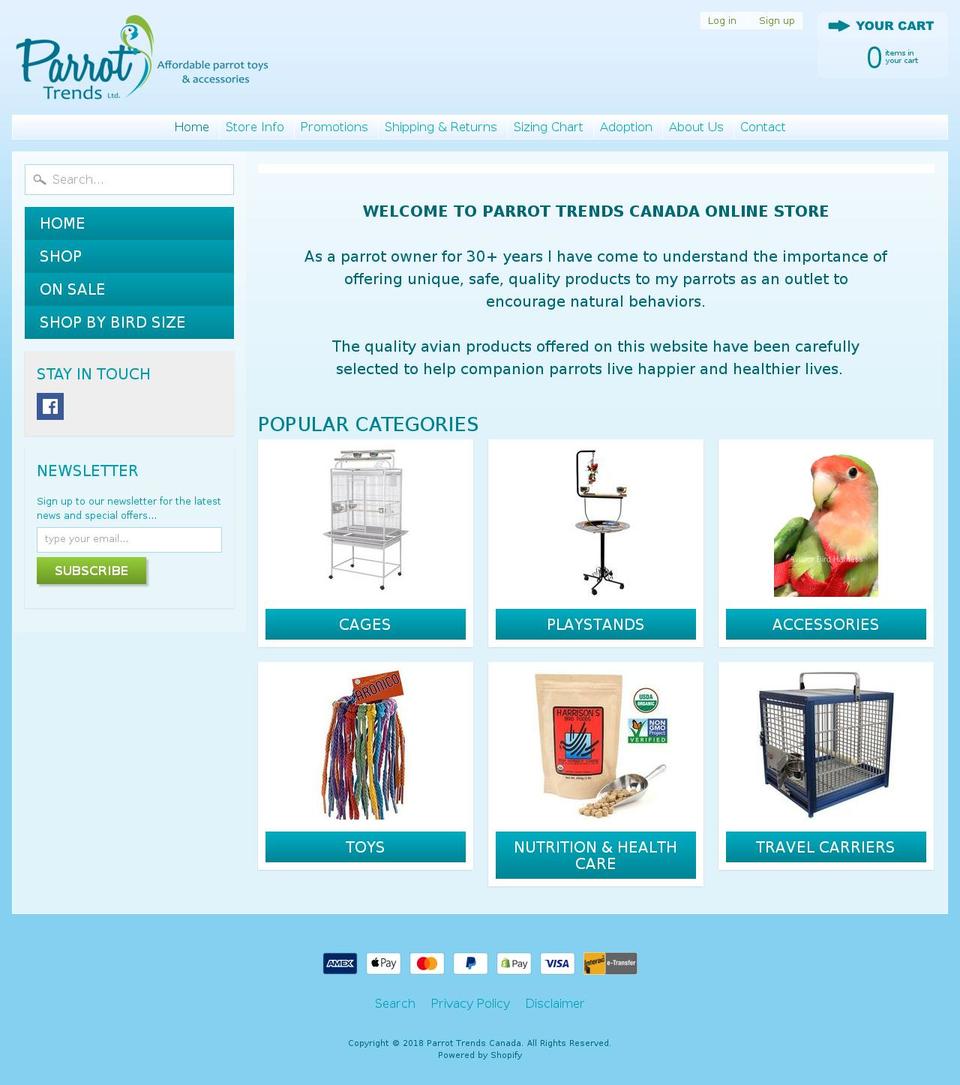 parrottrends.ca shopify website screenshot