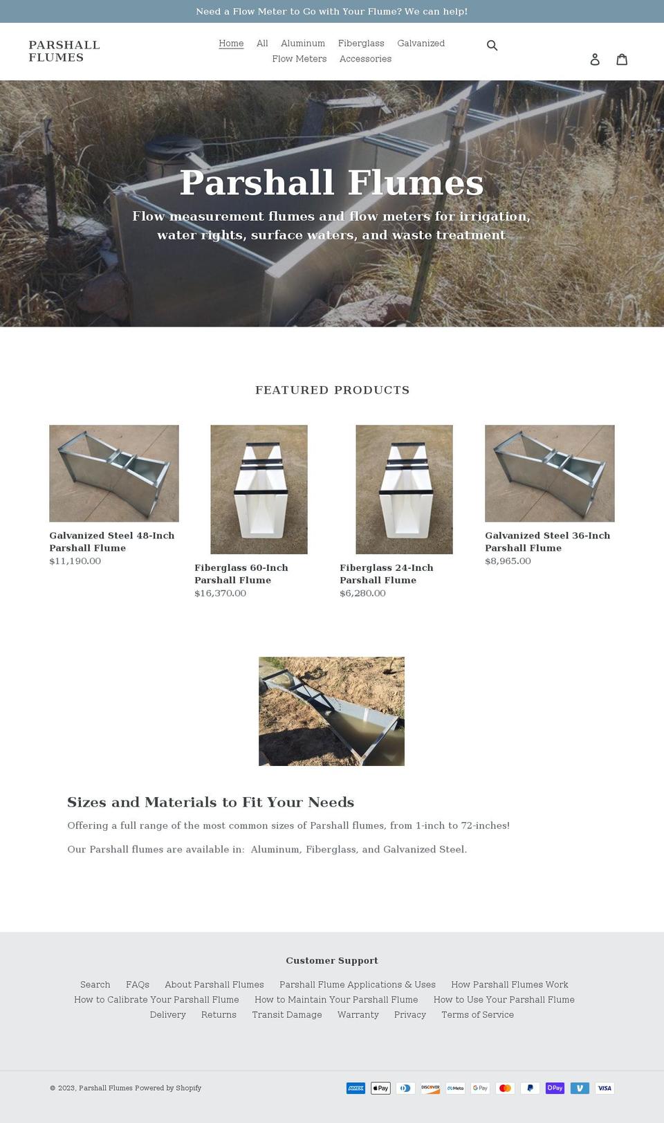 parshallflumes.com shopify website screenshot