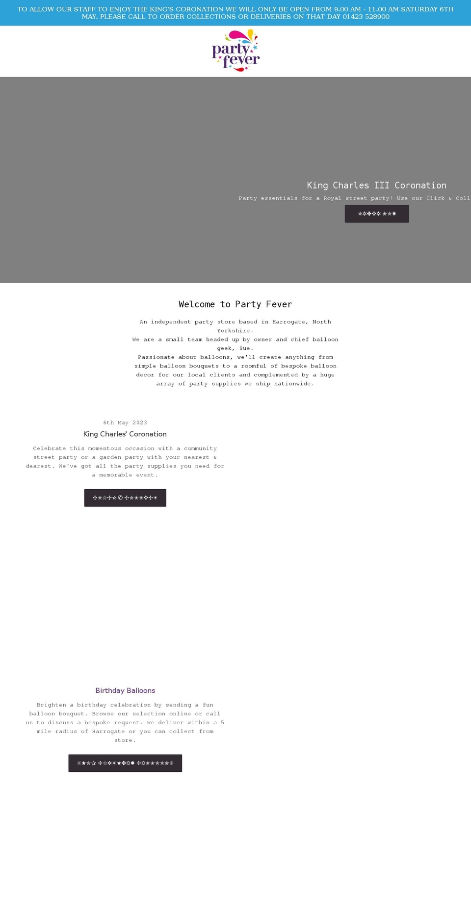partyfeverltd.co.uk shopify website screenshot
