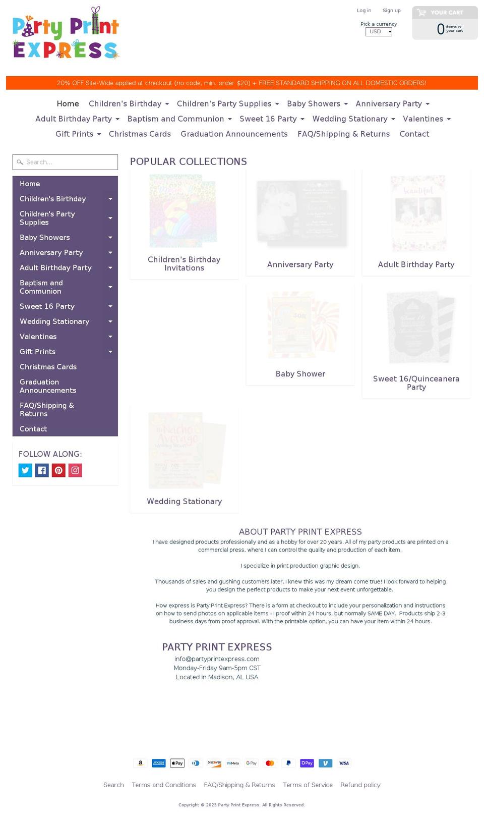 partyprintexpress.com shopify website screenshot