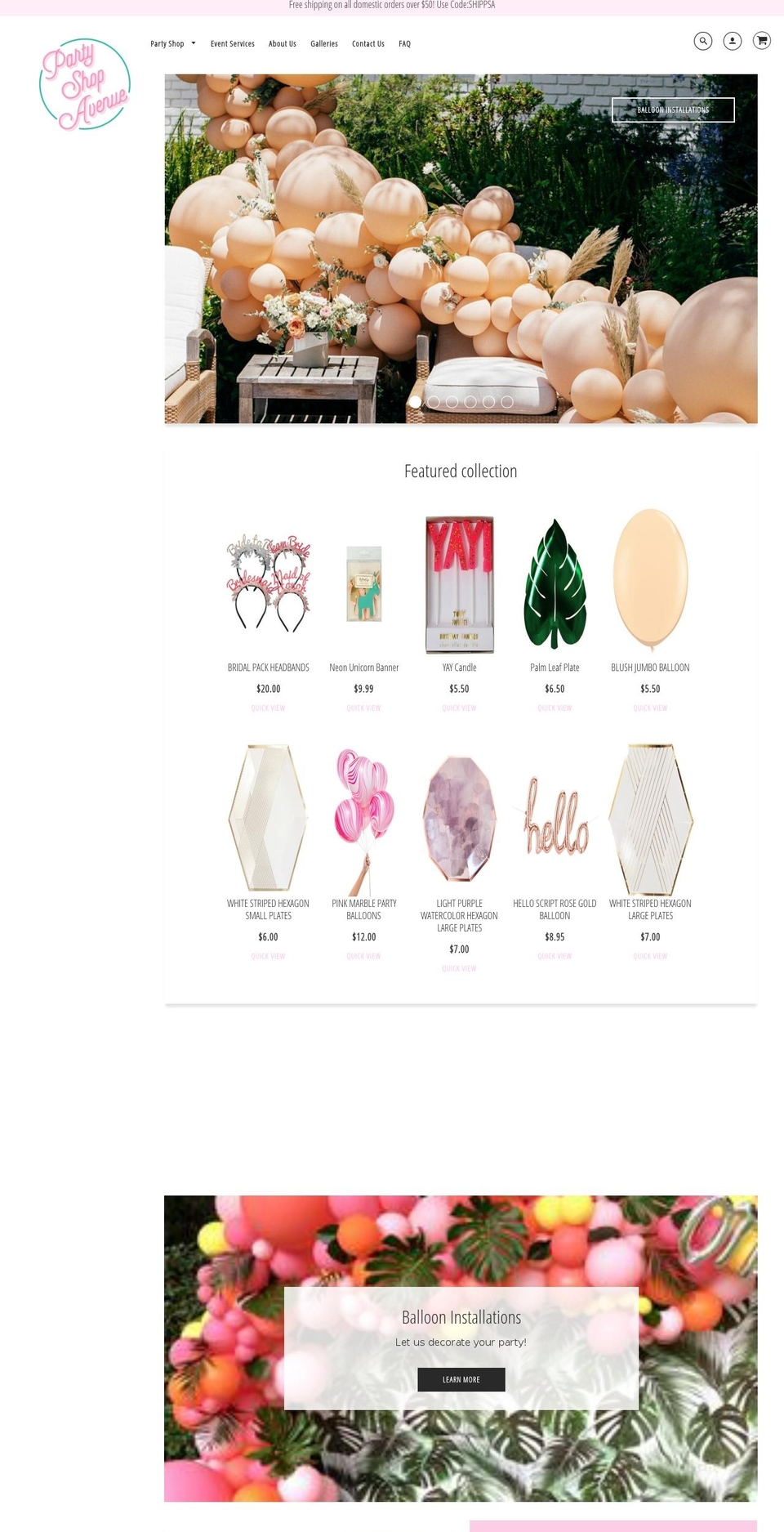 partyshopavenue.com shopify website screenshot