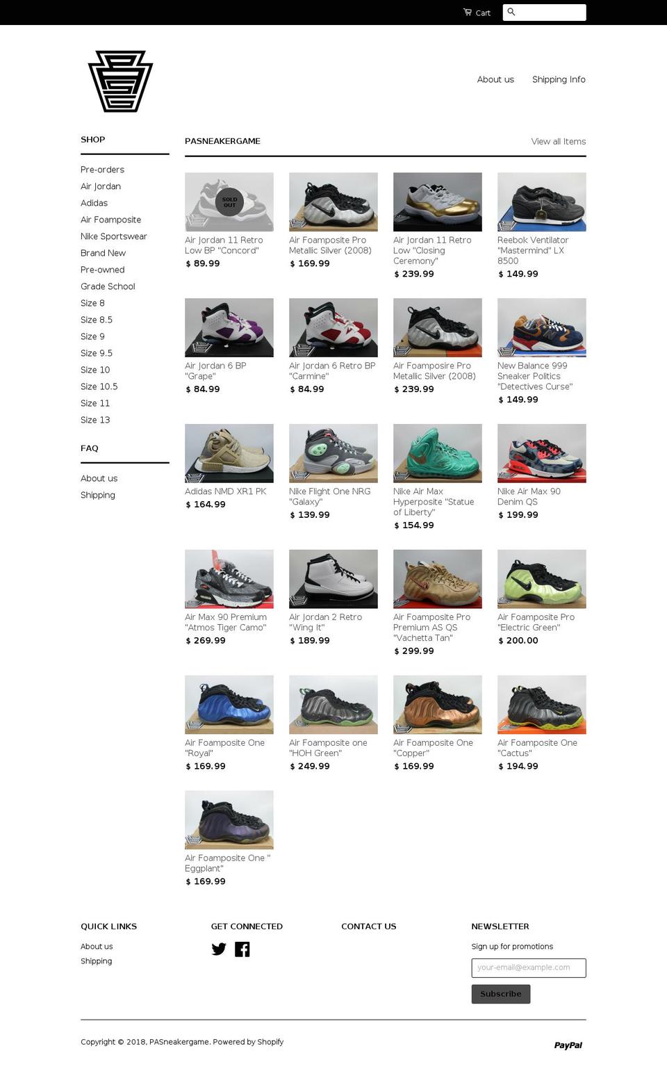 pasneakergame.com — Shopify storefront screenshot