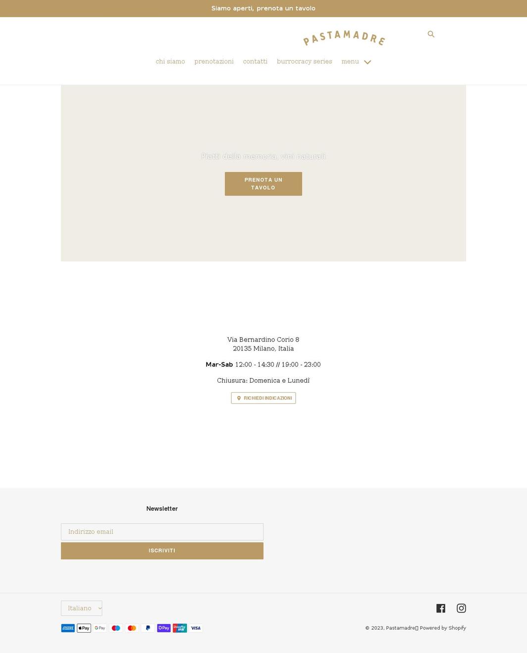 pastamadremilano.it shopify website screenshot