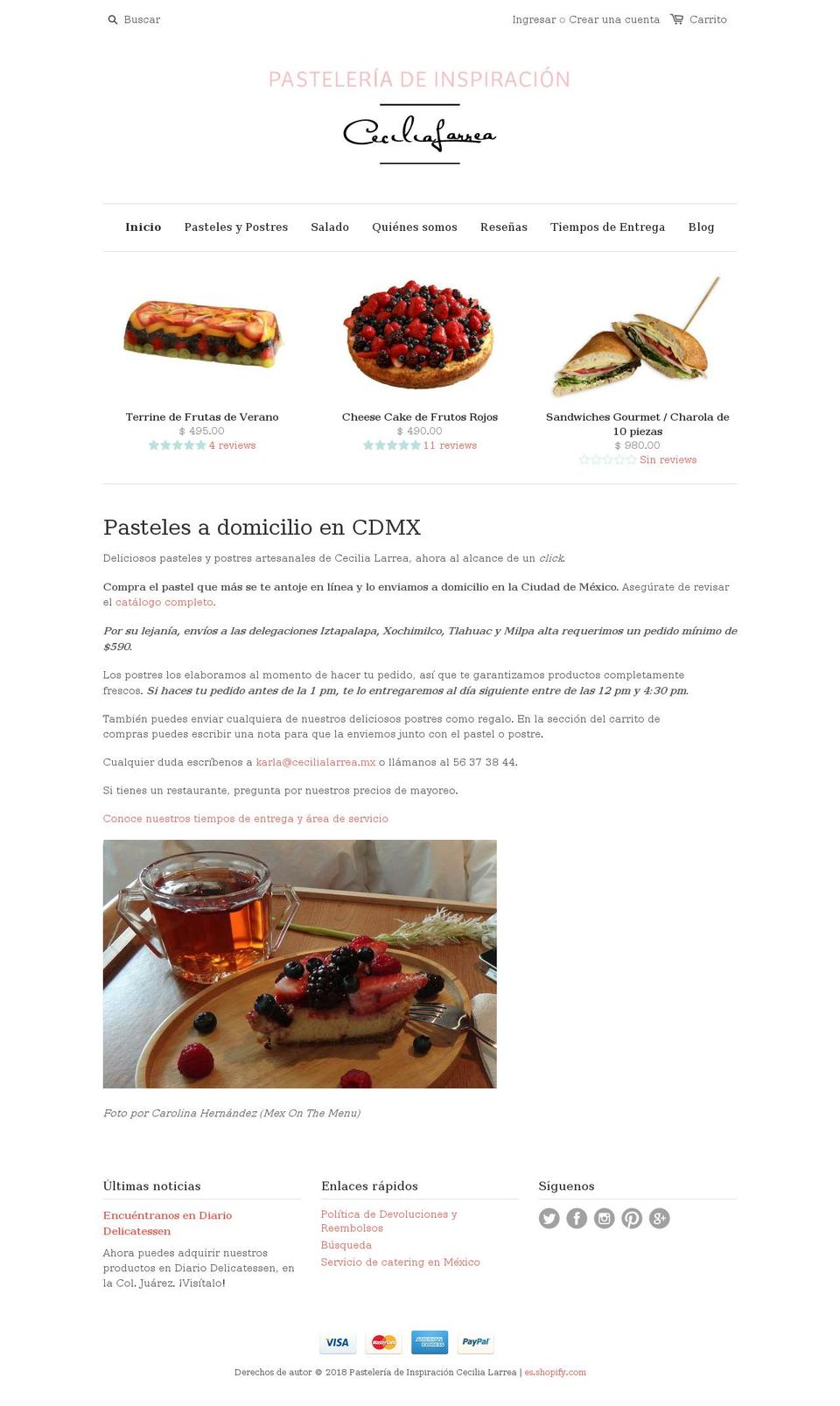 pasteleria.cecilialarrea.com shopify website screenshot