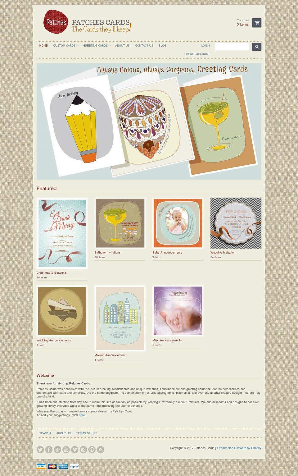 patchescards.com shopify website screenshot