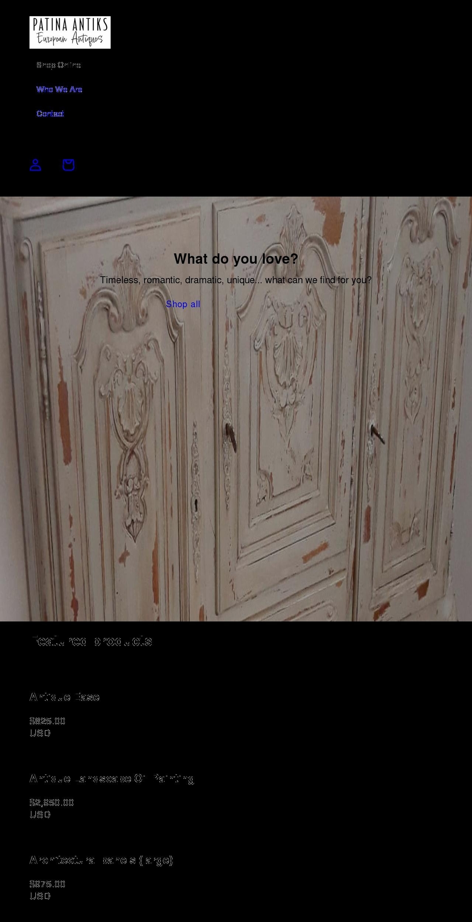patinaantiks.com shopify website screenshot