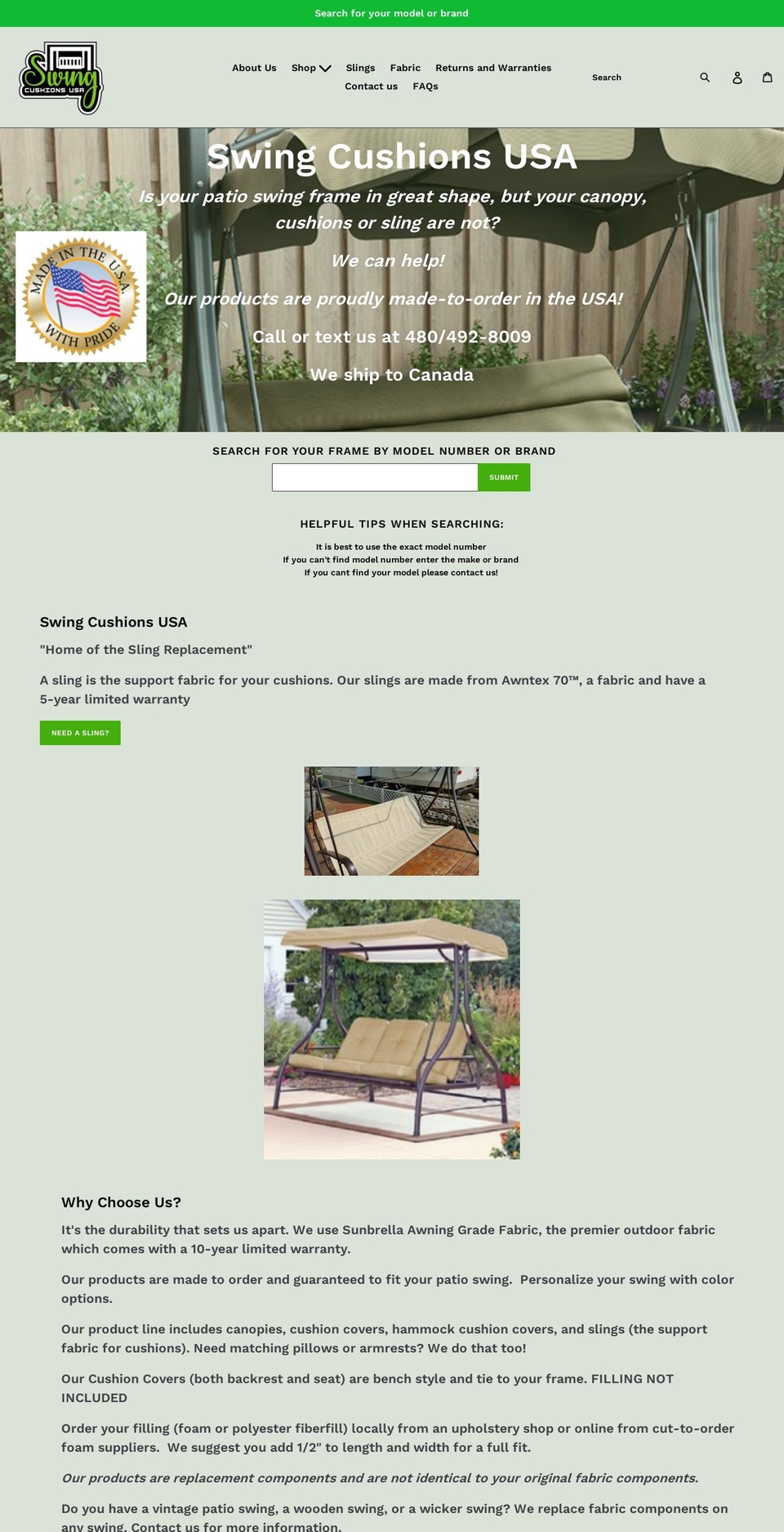 patioswingcushionsusa.com — Shopify storefront screenshot