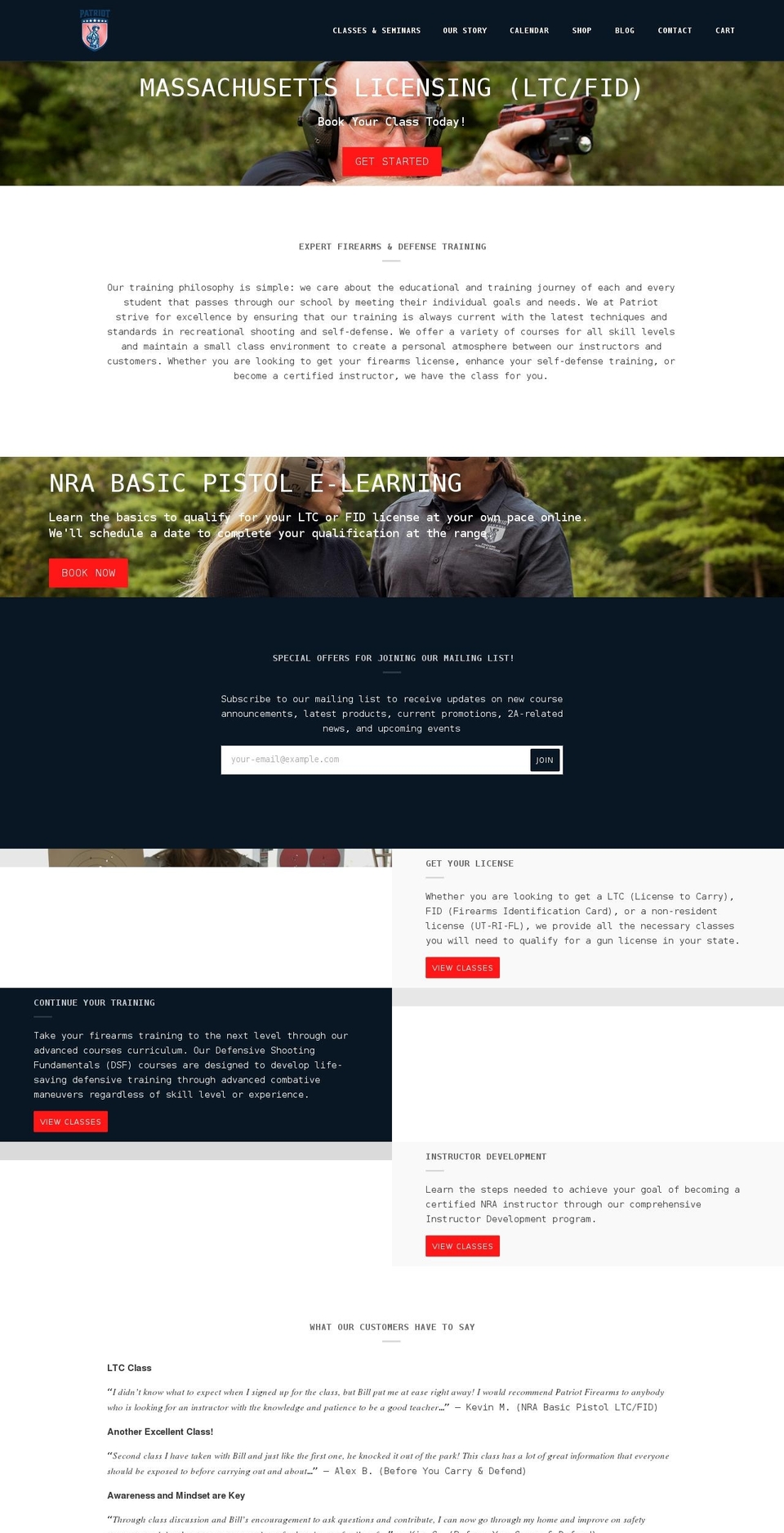 patriotfirearmsschool.com shopify website screenshot