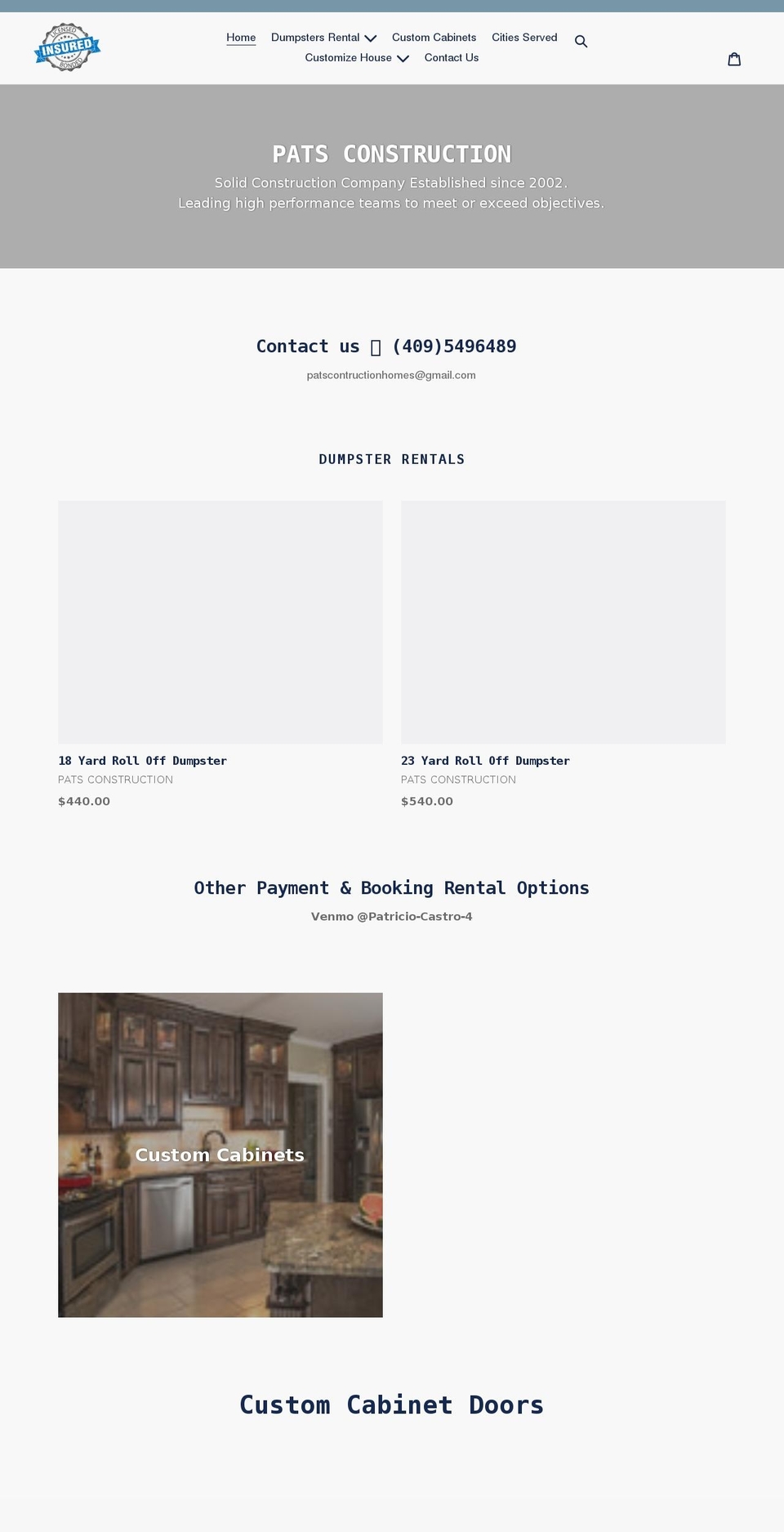 patsconstructionhomes.com shopify website screenshot