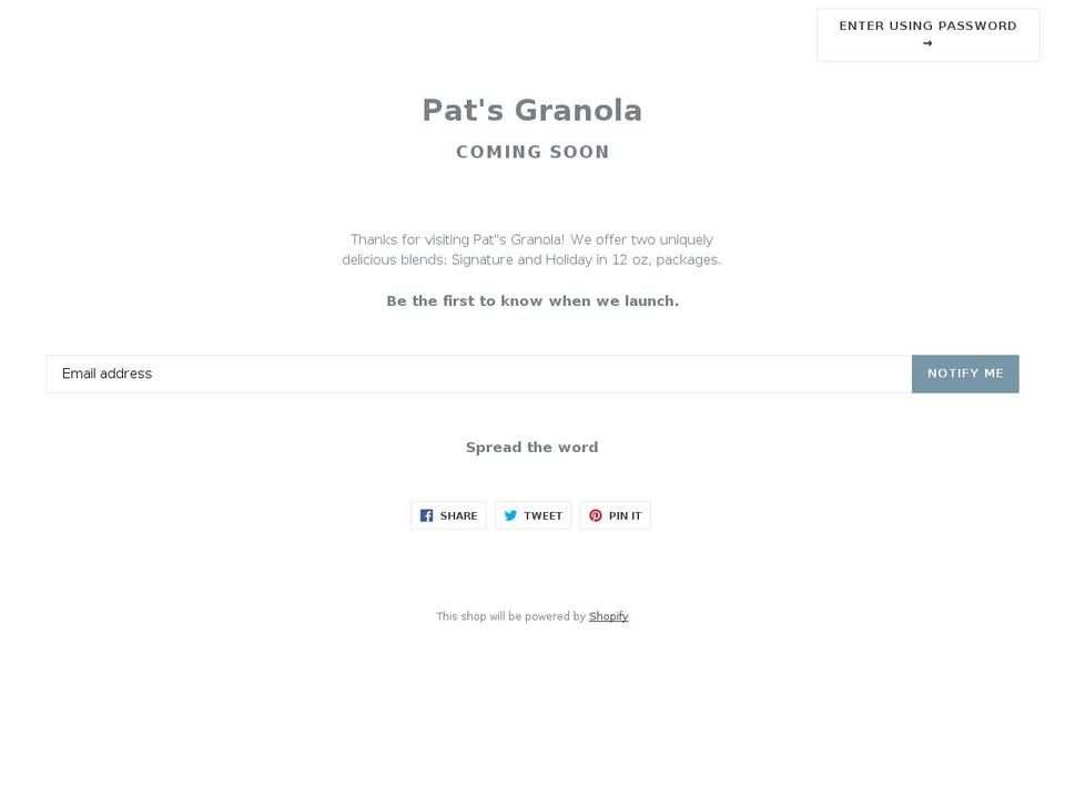 Narrative live Shopify theme site example patsgranola.com