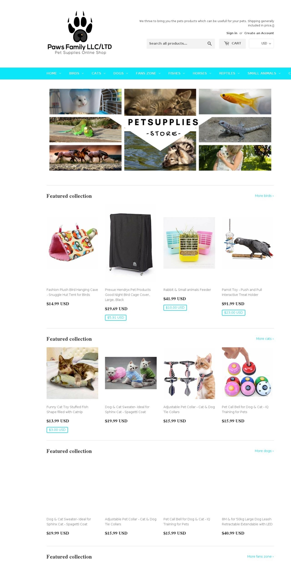 pawsfamily.com shopify website screenshot
