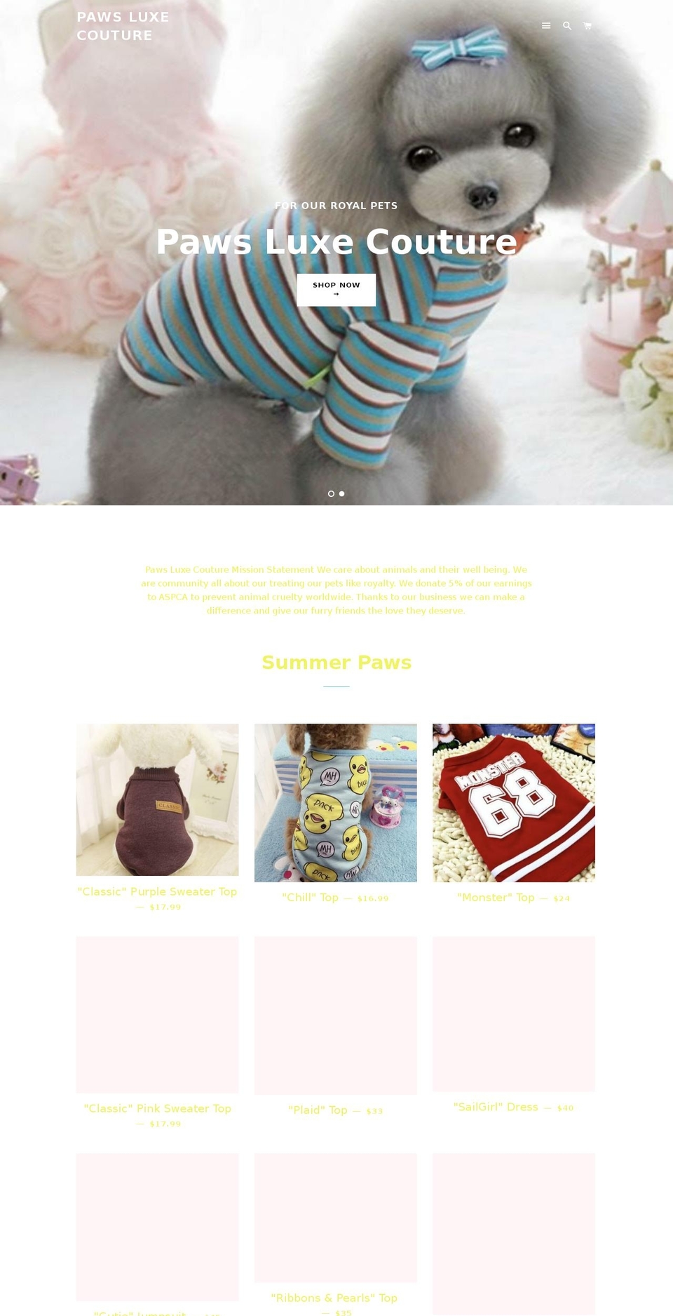 pawsluxecouture.com shopify website screenshot