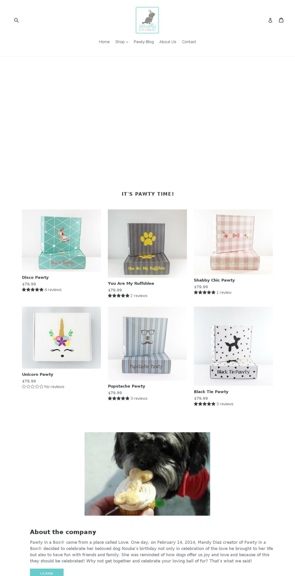pawtyinabox.net shopify website screenshot
