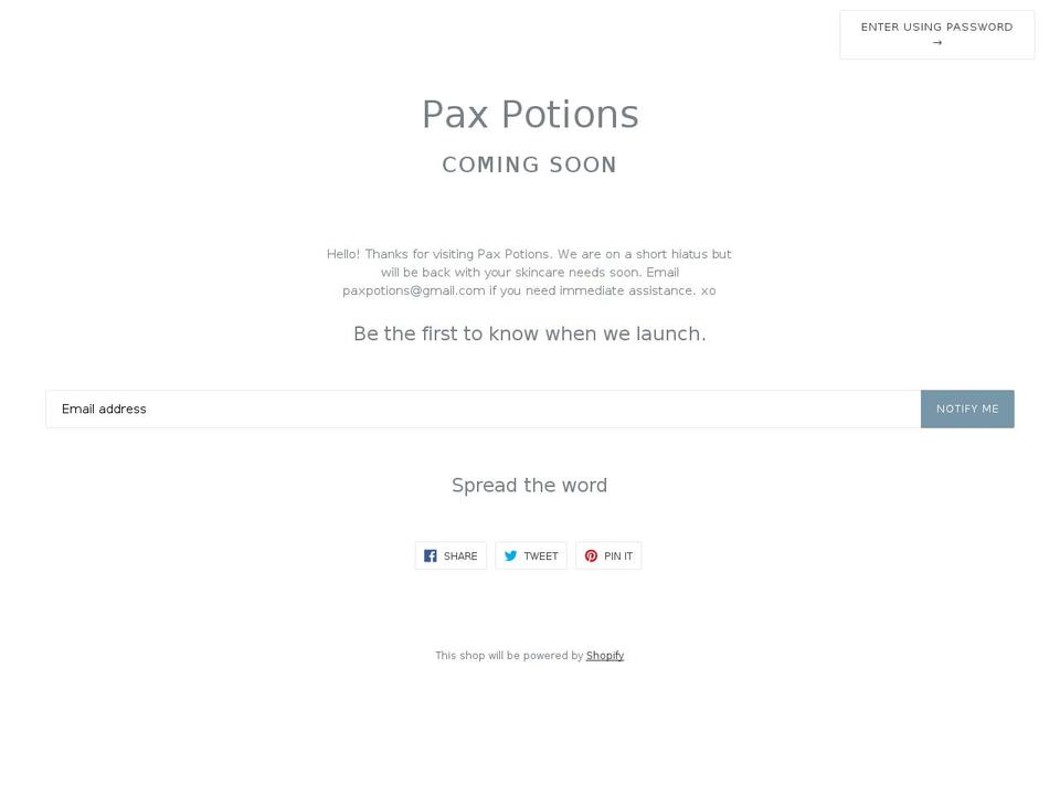 paxpotions.com shopify website screenshot