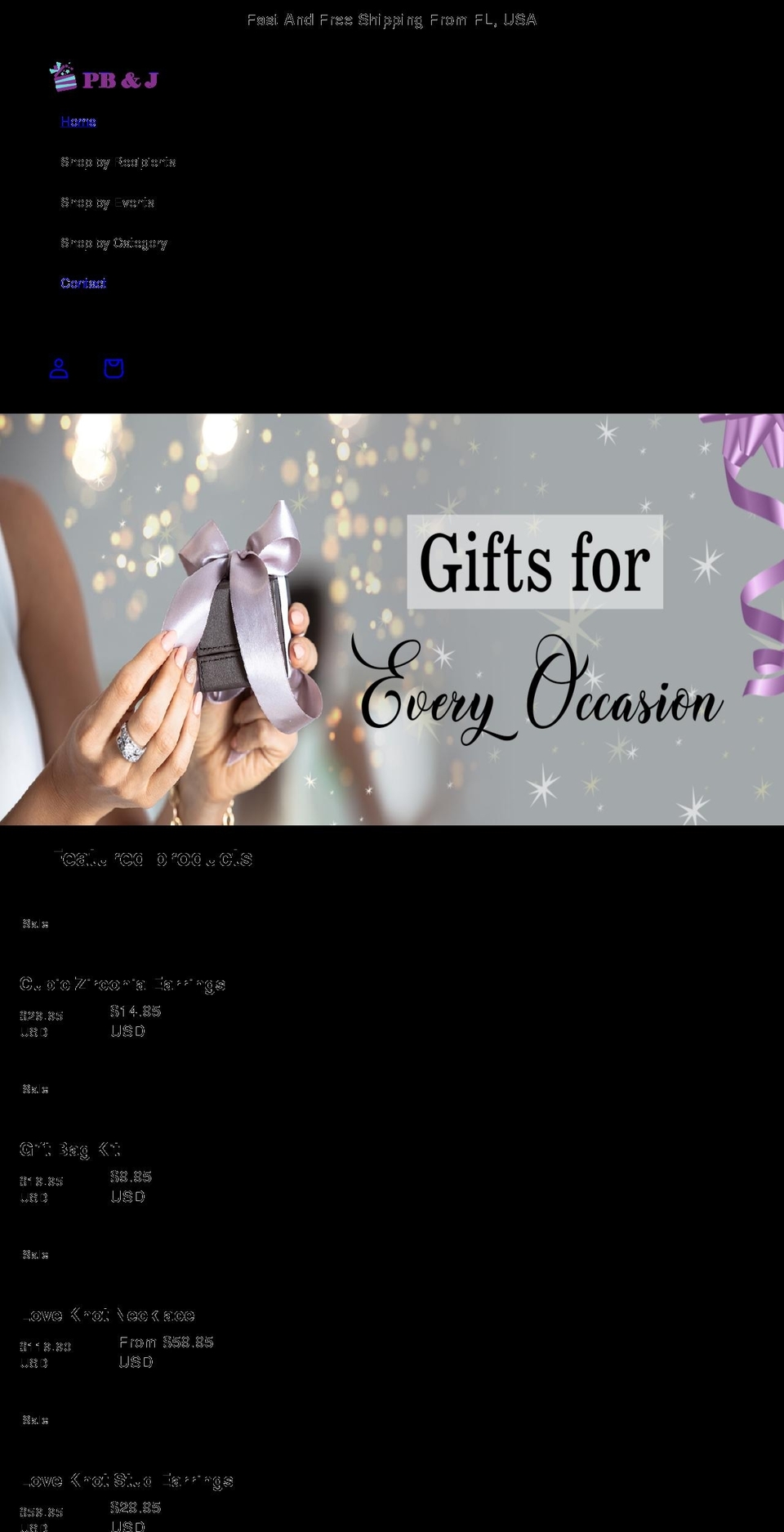 pbjgifts.com shopify website screenshot