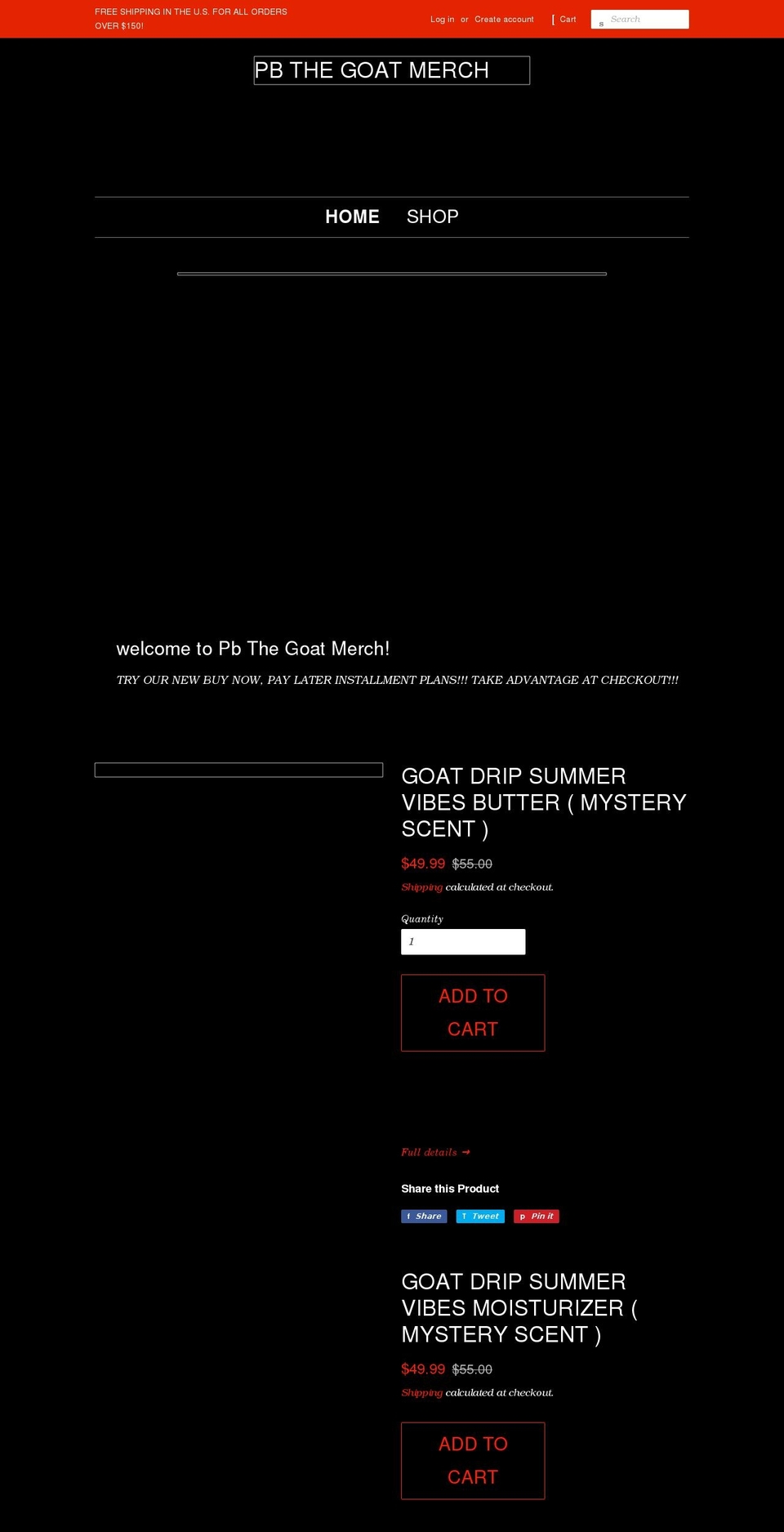 pbthegoatmerch.com shopify website screenshot