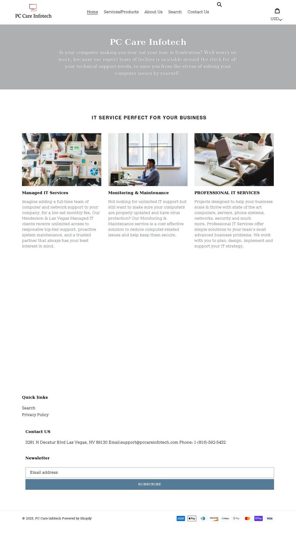 pccareinfotech.com shopify website screenshot