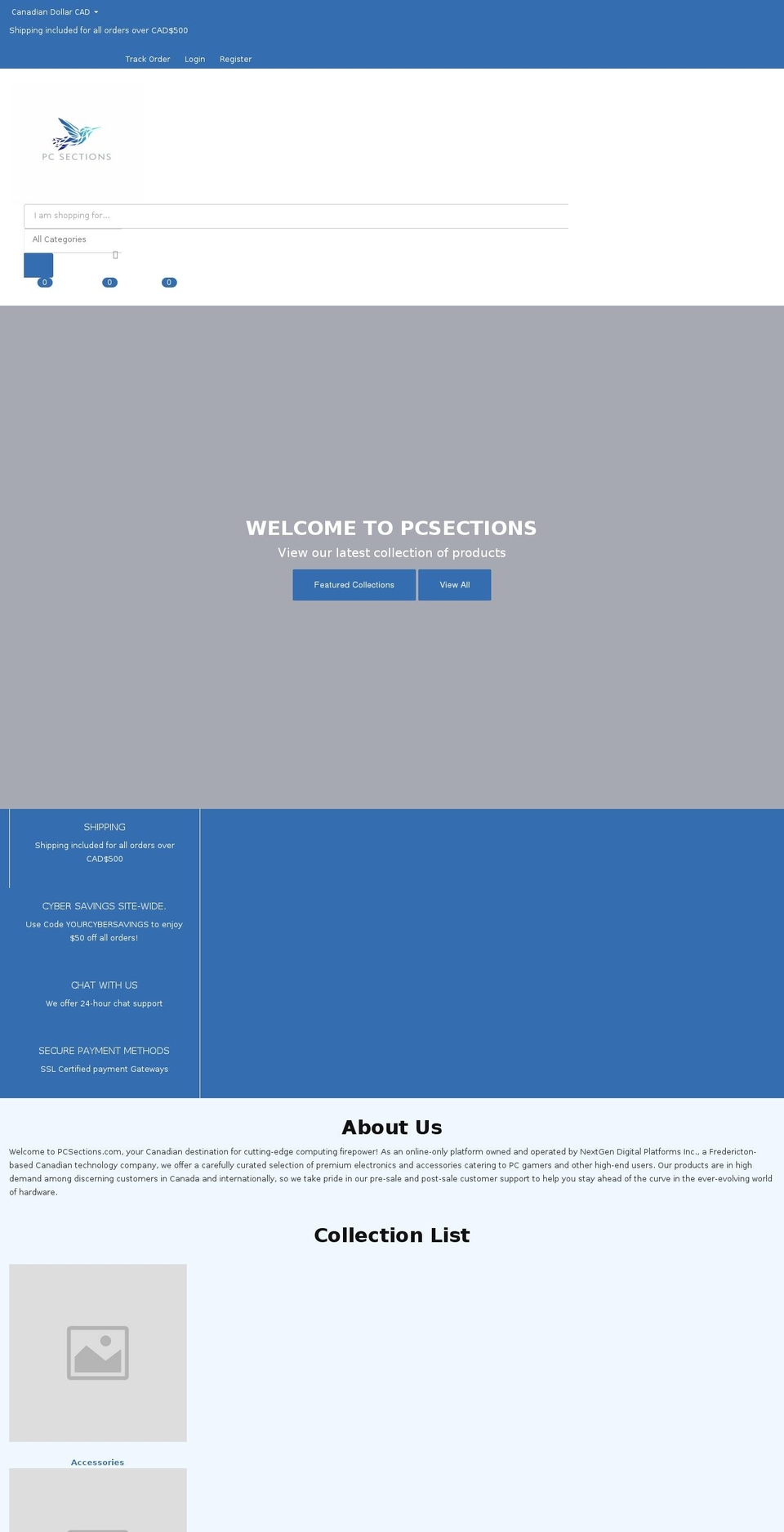 pcsections.com shopify website screenshot