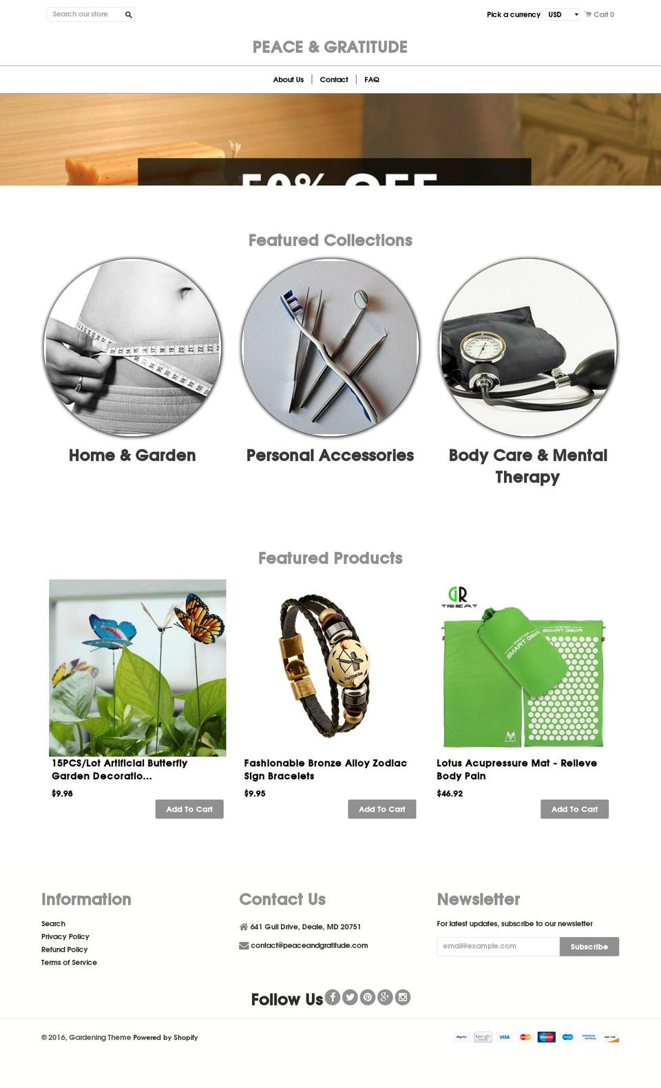 peaceandgratitude.com shopify website screenshot