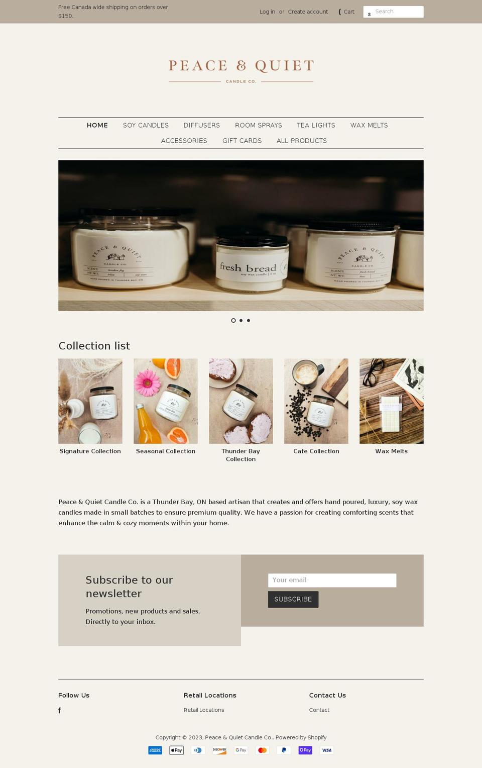 peaceandquietcandleco.ca shopify website screenshot