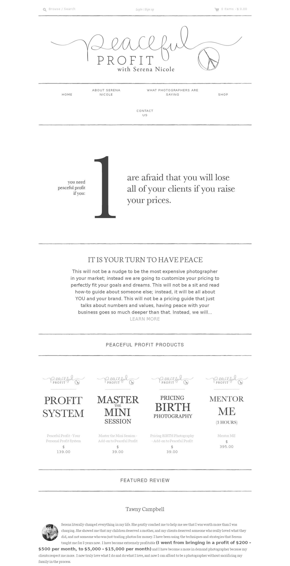 peacefulprofitwithsn.com — Shopify storefront screenshot