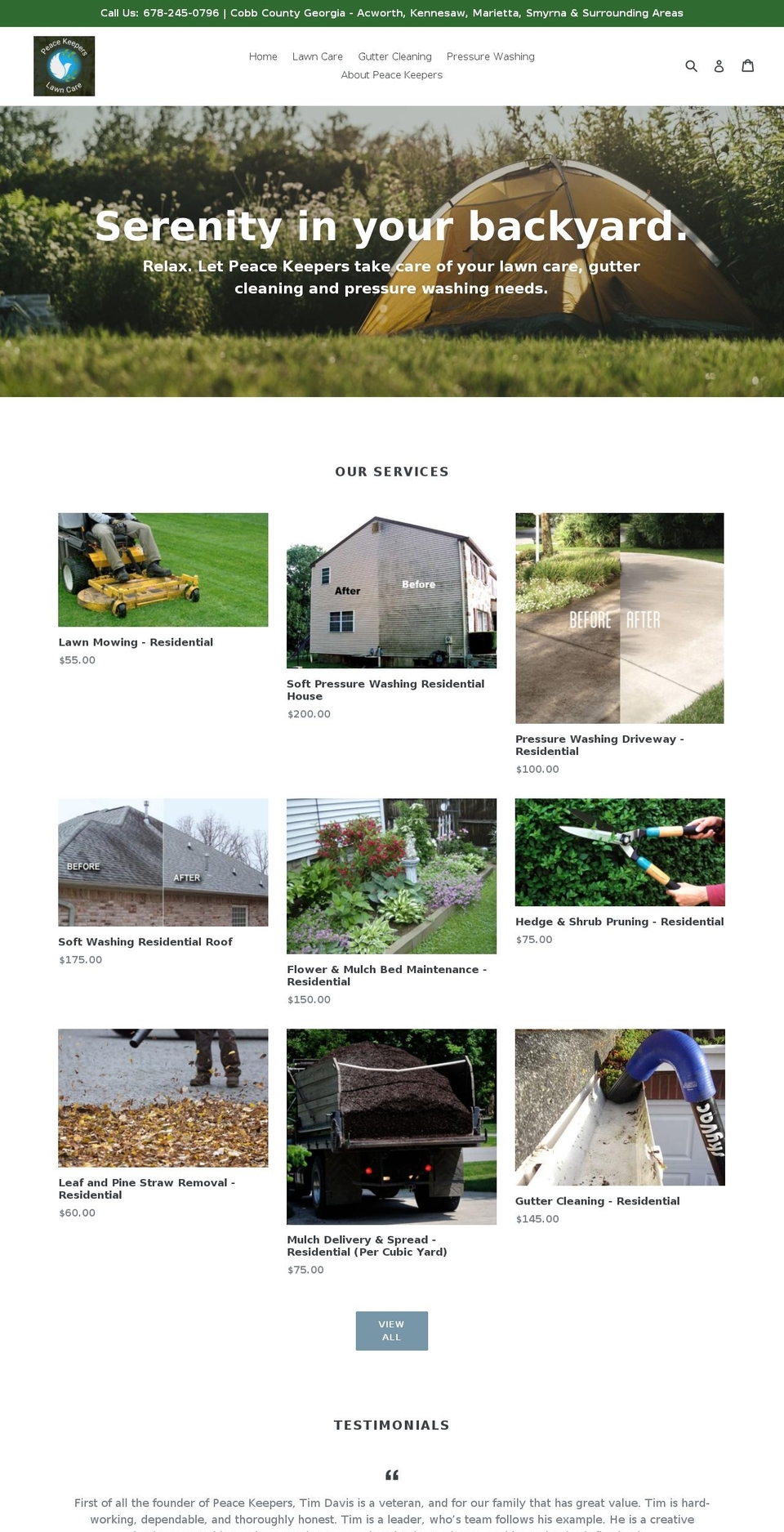 peacekeeperslawncare.com — Shopify storefront screenshot