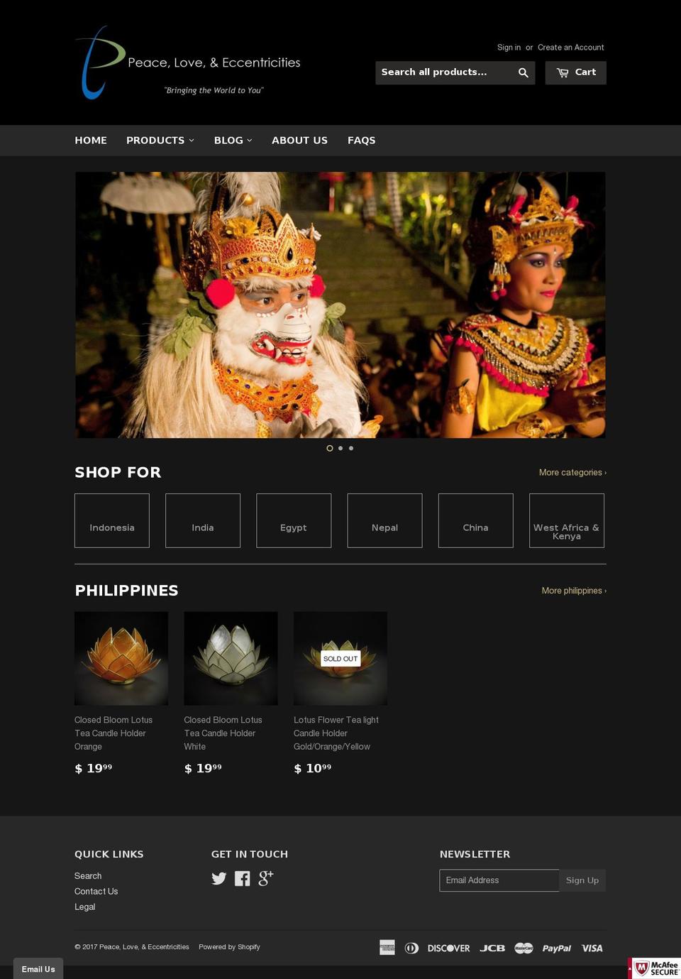 peaceloveandeccentricities.com shopify website screenshot