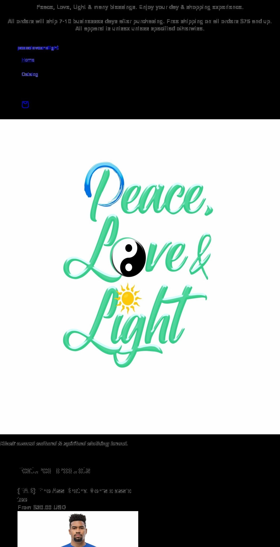 peaceloveandlight.store shopify website screenshot