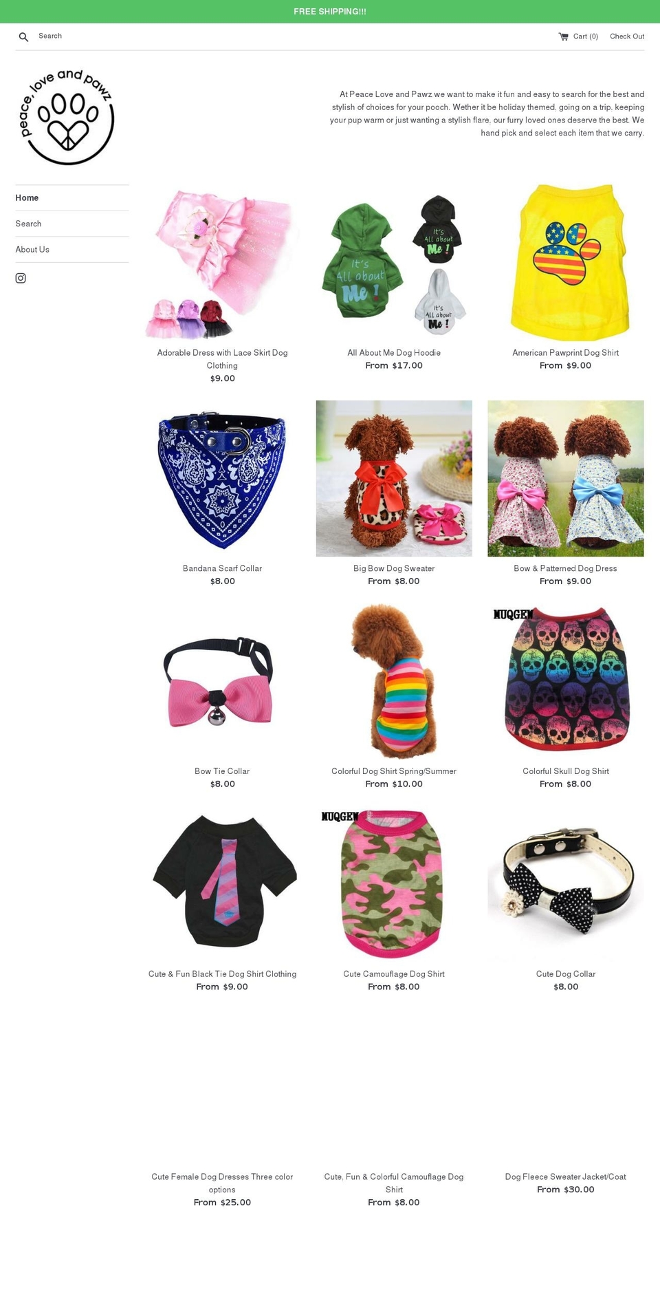 peaceloveandpawz.com — Shopify storefront screenshot
